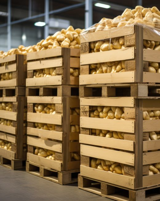 Přepravky s uskladněnou produkcí ve skladovací hale